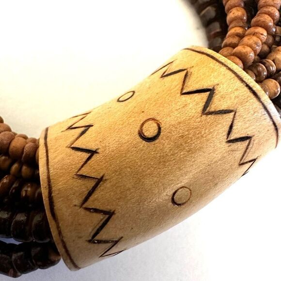 wood beaded  and bone cylinder pendant necklace - Picture 5 of 9